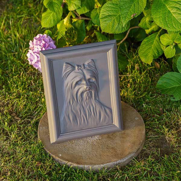 Female Yorkie Dog Urn For Pet Ashes Charcoal Grey Side View Grass Flower