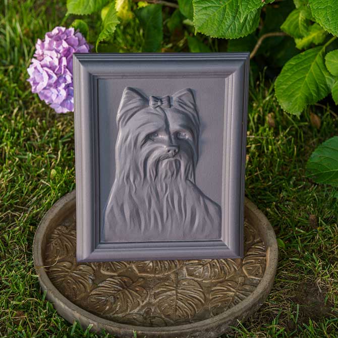 Female Yorkie Dog Urn For Pet Ashes Garden Front View Flowers