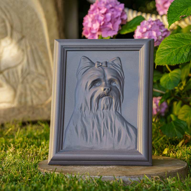 Female Yorkie Dog Urn For Pet Ashes Side View Garden Flowers Statue