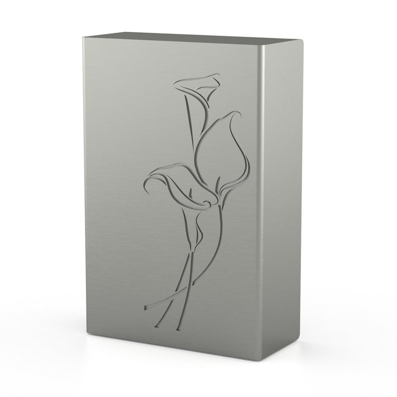 Floral Cremation Urn for Ashes Adult in Stainless Steel with Lilly Rotated View