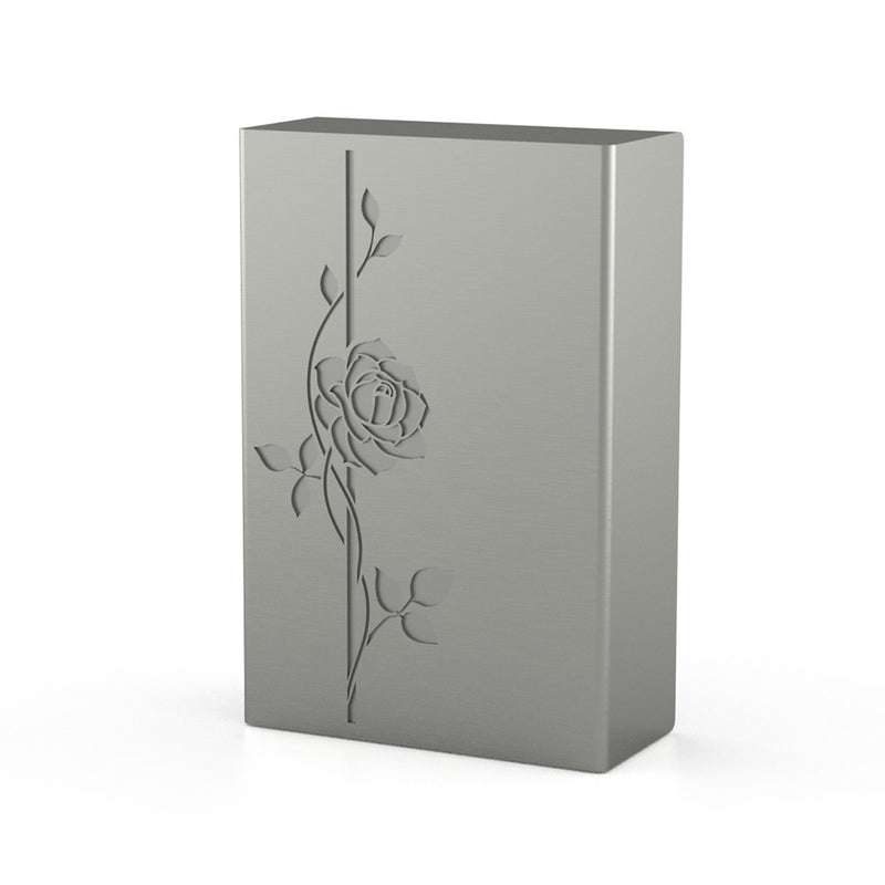 Floral Cremation Urn for Ashes Adult in Stainless Steel with Rose Rotated View