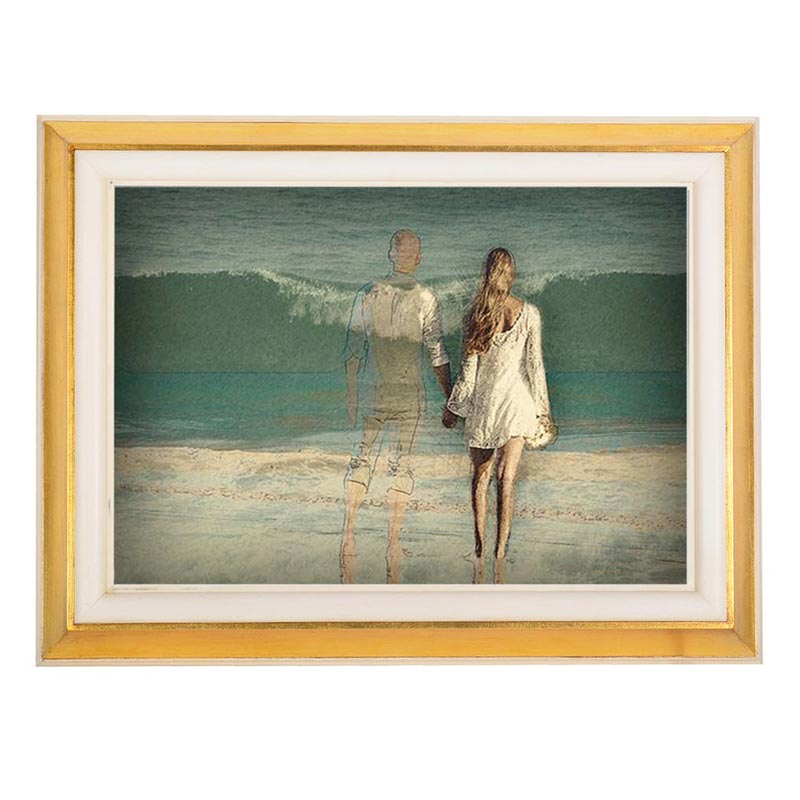 Frame Cremation Urn for Ashes Painted Gold Woman on Beach