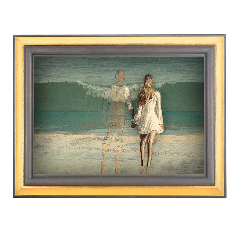 Frame Cremation Urn for Ashes Painted Gold and Silver Woman on Beach