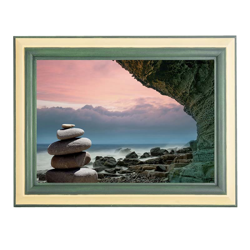 Ashes Photo Frame Cremation Urn Painted Green Cave with Stone