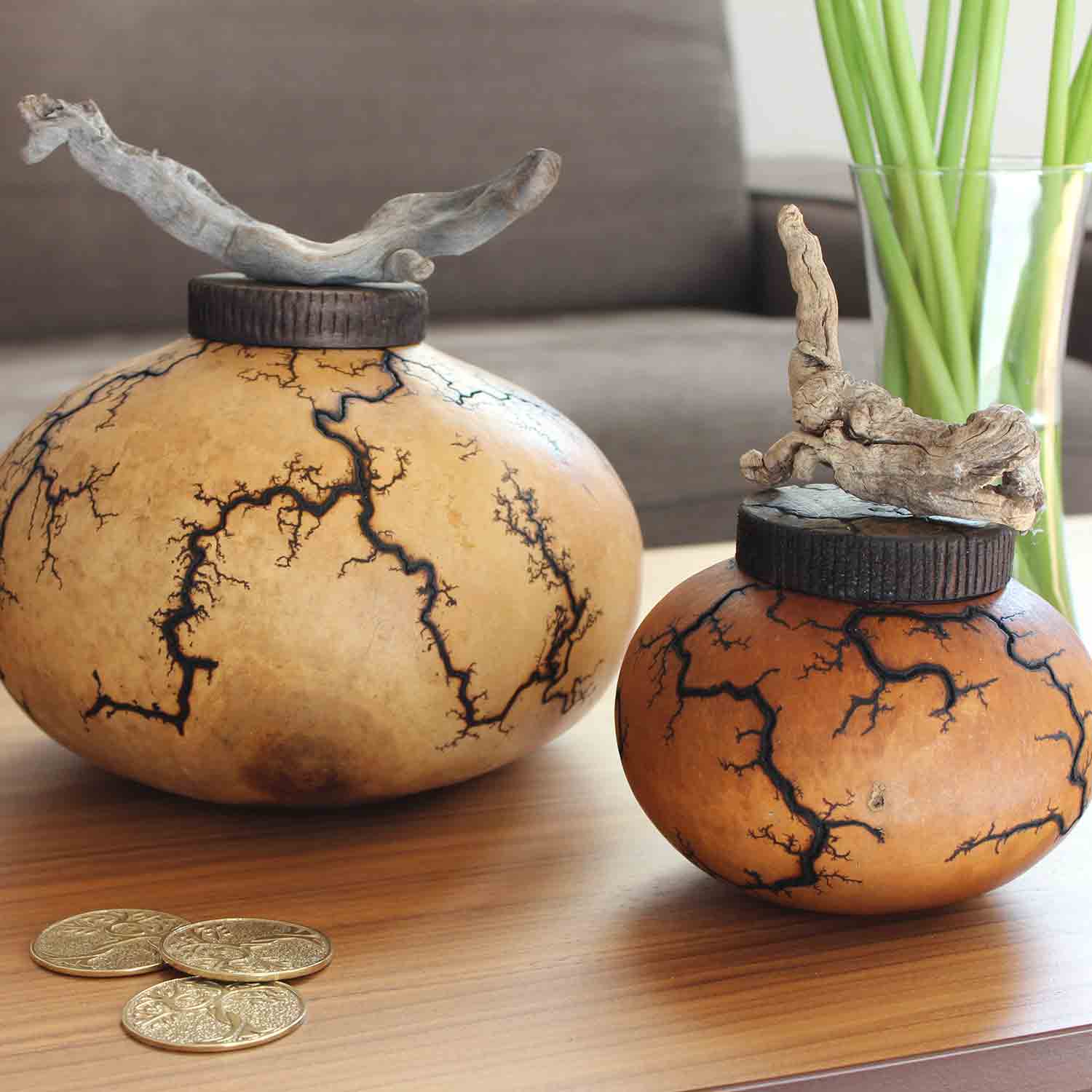 Gourd Biodegradable Urn for Ashes with Bronze Memorial Medallion Large and Small On Table