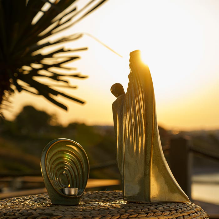 Guardian Cremation Urn and Ashes Keepsake Urn Matching Set Oily Green Side View Sunrise