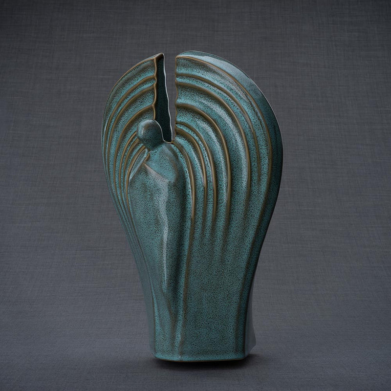 Guardian Cremation Urn for Ashes in Oily Green Turned Left Grey Background