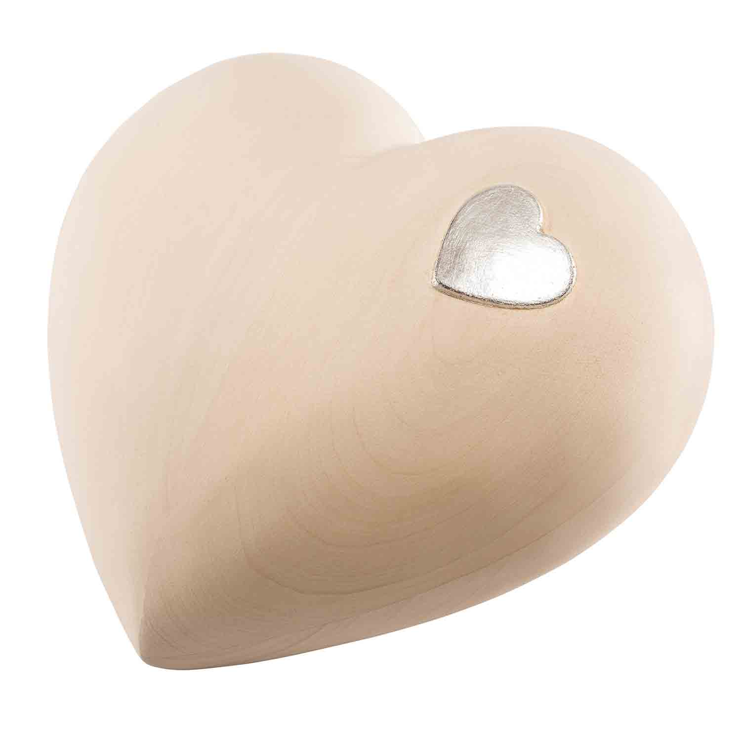 Heart Cremation Urn for Ashes Adult in Lime Wood with Silver Heart