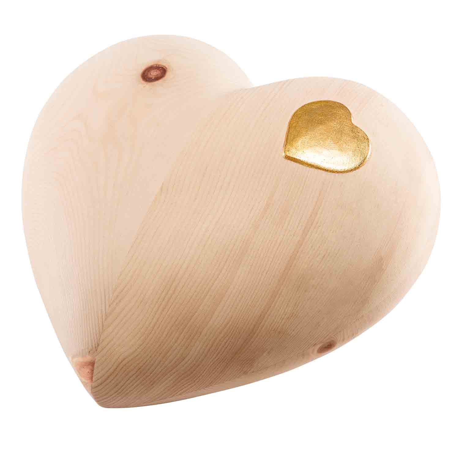 Heart Cremation Urn for Ashes Adult in Swiss Pine Wood with Gold Heart