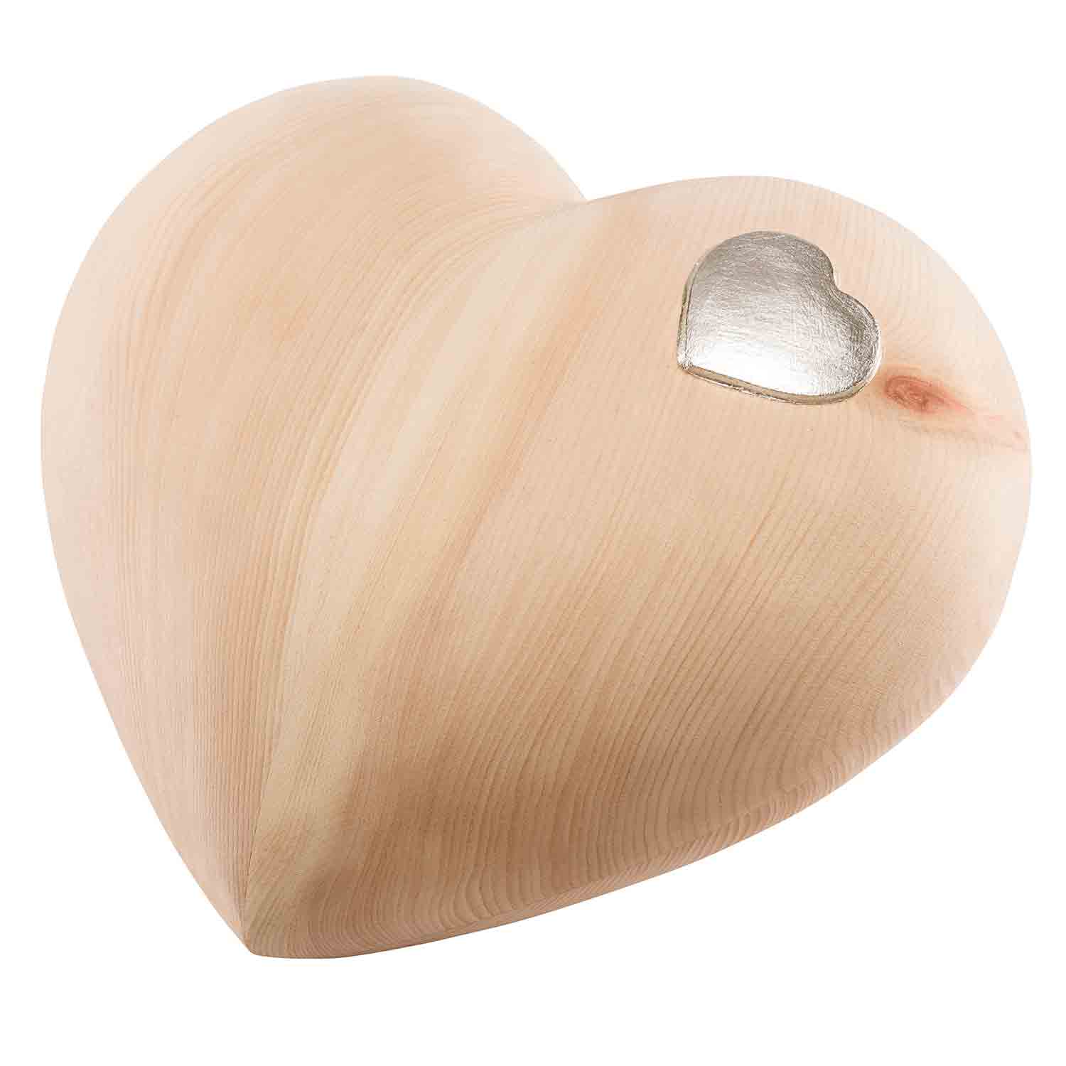 Heart Cremation Urn for Ashes Adult in Swiss Pine Wood with Silver Heart