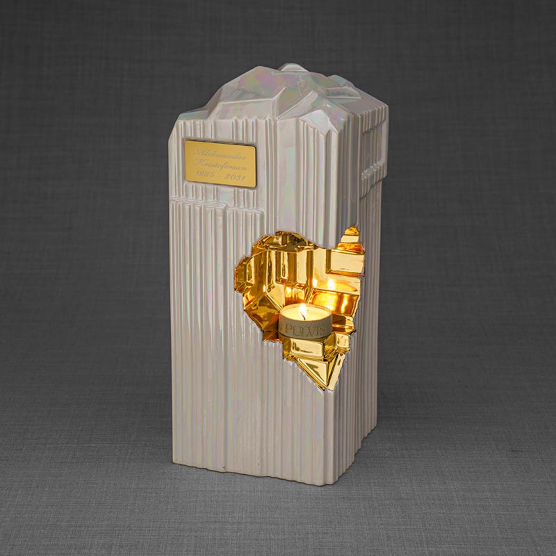 Heart Cremation Urn for Ashes Pearlescent White and Gold Left View Candle Light