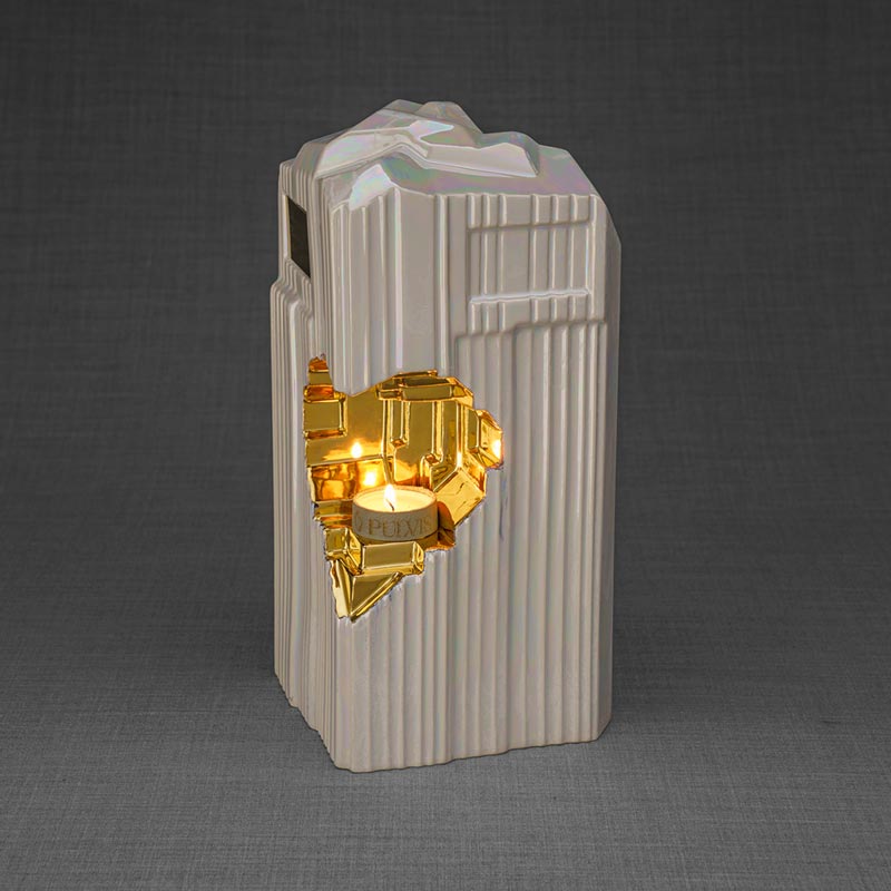 Heart Cremation Urn for Ashes Pearlescent White and Gold Right View Candle Light