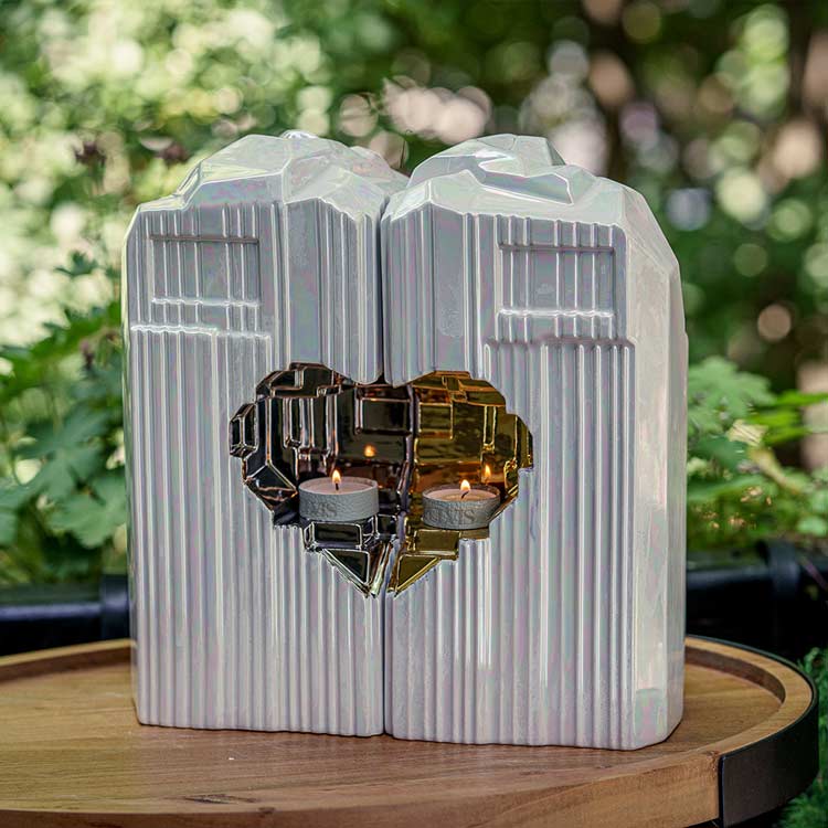 Heart Cremation Urn for Ashes Pearlescent White and Gold with Companion Outside