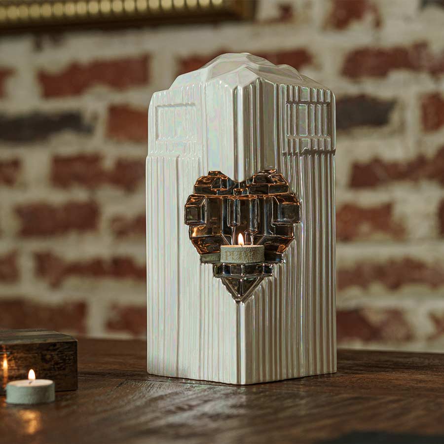 Heart Cremation Urn for Ashes Pearlescent White on Table