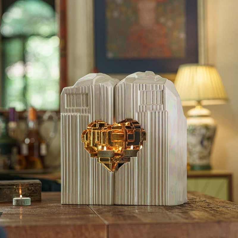 Heart Cremation Urn for Ashes Pearlescent White with Companion on Table