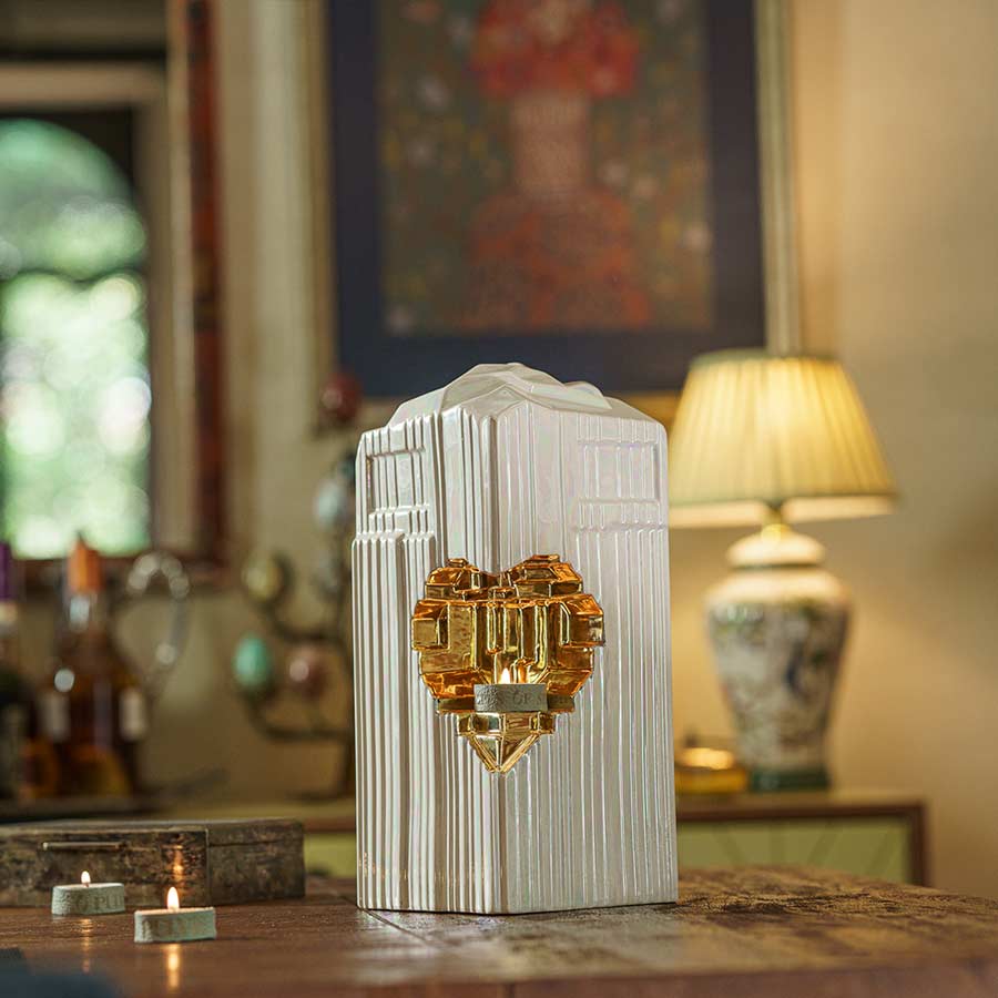 Heart Cremation Urn for Ashes Pearlescent White and Gold with Lamp