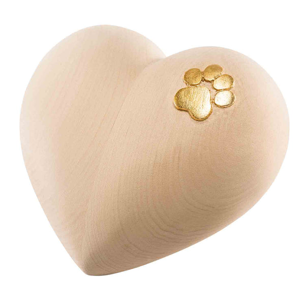 Heart Cremation Urn for Cats Ashes in Lime Wood with Gold Cat Paw Print