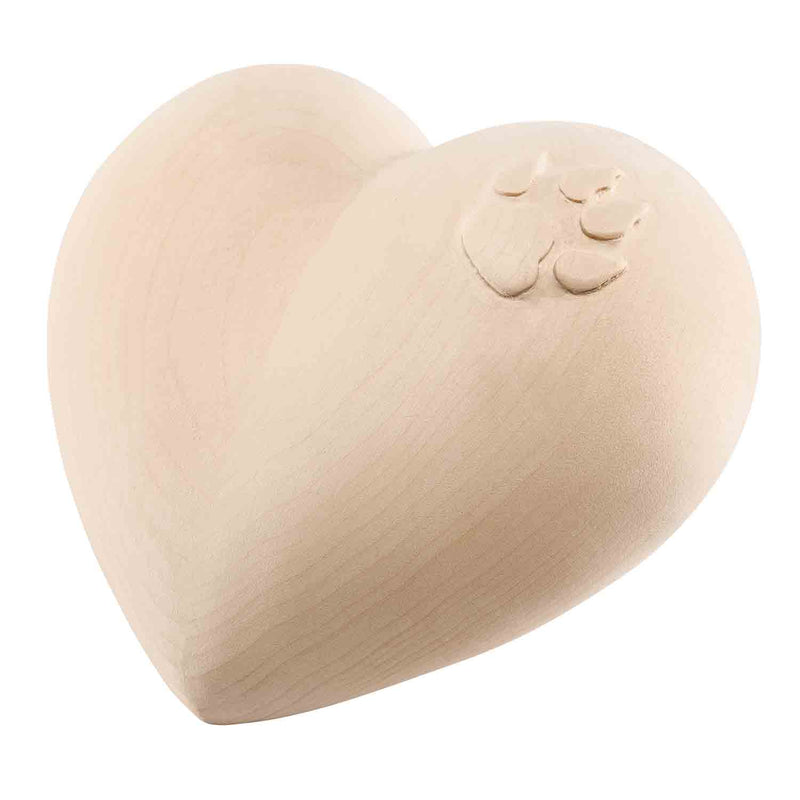 Heart Cremation Urn for Dogs Ashes in Lime Wood with Dog Paw Print