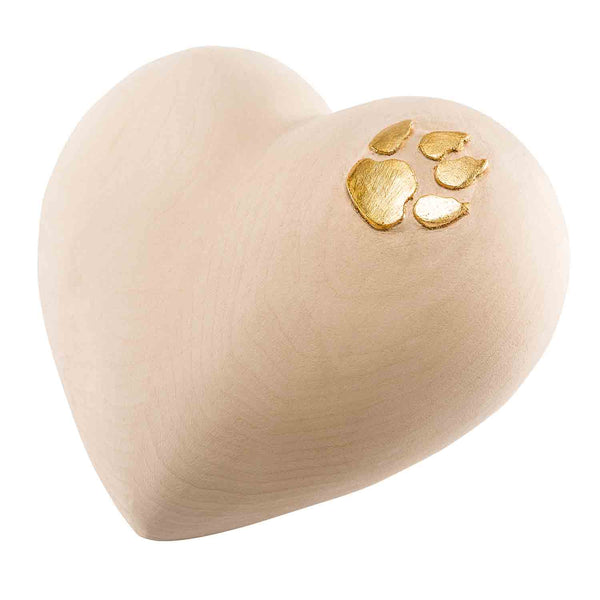Heart Cremation Urn for Dogs Ashes in Lime Wood with Gold Dog Paw Print