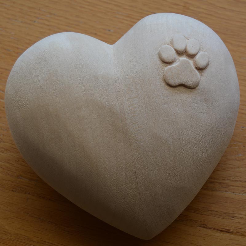 Heart Cremation Urn for Pets Ashes in Lime Wood with Cat Paw Print on Side