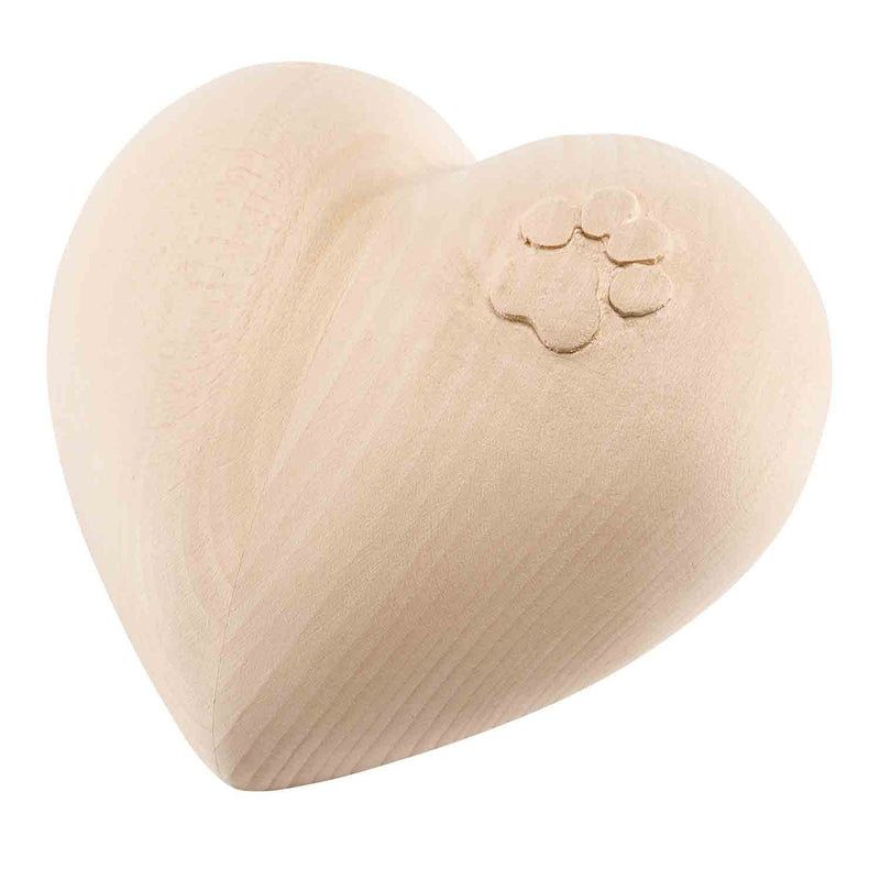 Heart Cremation Urn for Cats Ashes in Lime Wood with Cat Paw Print