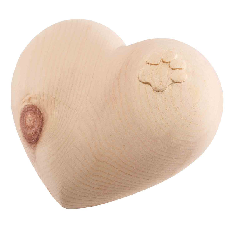 Heart Cremation Urn for Cats Ashes in Swiss Pine Wood with Cat Paw Print