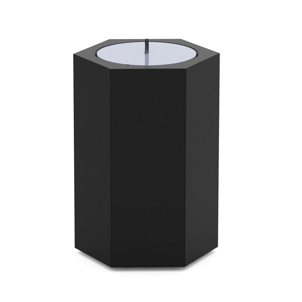 Hexagon Candle Ashes Miniature Keepsake Urn in Matte Black Stainless Steel Front View