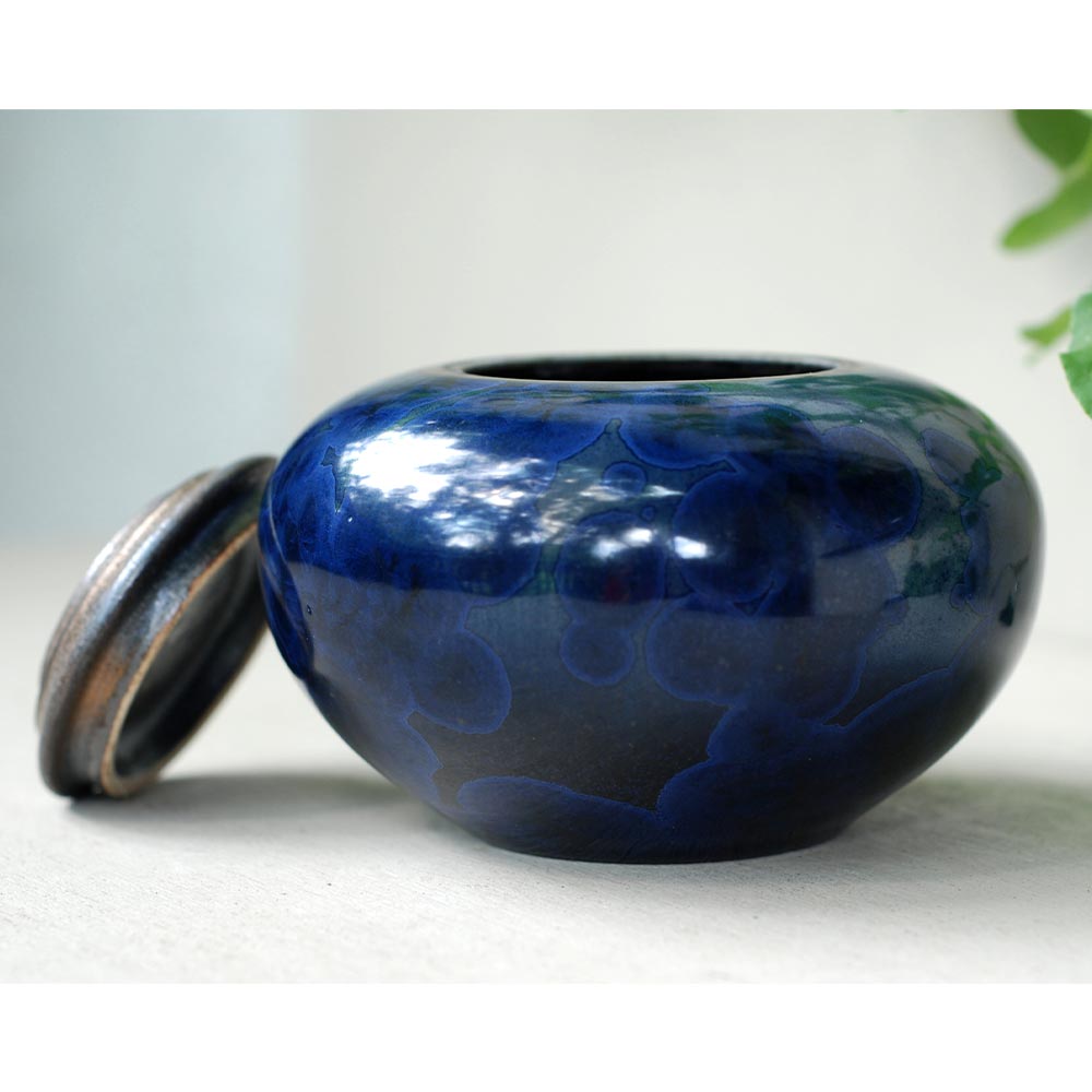 Indigo Cremation Urn for Pets Ashes Lid Off Rotated View
