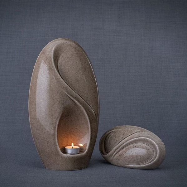 Infinity Cremation Urn and Keepsake Urn Matching Set Beige Grey with Grey Background