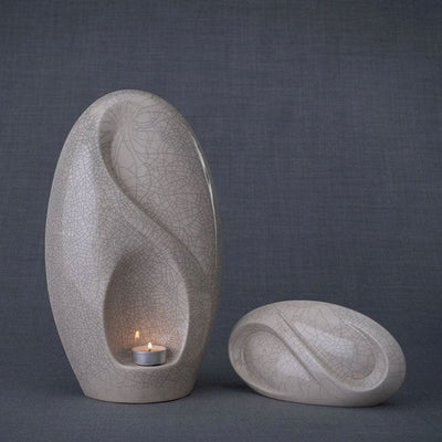 Infinity Cremation Urn and Keepsake Urn Matching Set Crackle Glaze with Grey Background
