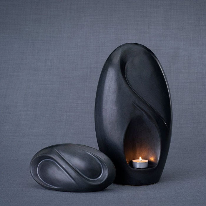 Infinity Cremation Urn and Keepsake Urn Matching Set Matte Black with Grey Background