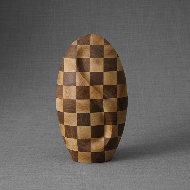 Infinity Wooden Adult Urn for Ashes Chequered Walnut and Beech Wood Front View