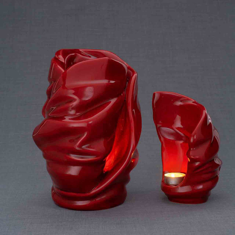 Light Cremation Urn and Ashes Keepsake Urn in Red Turned Right Dark Background