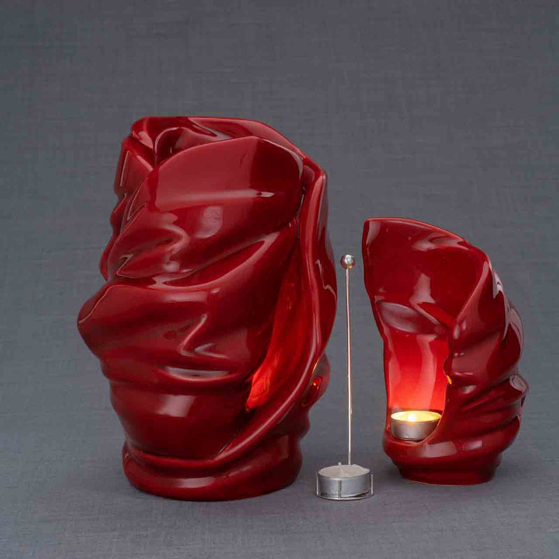 Light Cremation Urn and Ashes Keepsake Urn in Red Turned Right with Candle Holder Grey Background