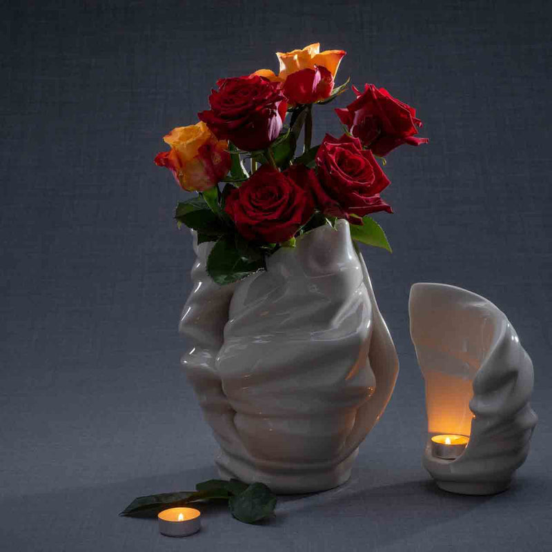Light Cremation Urn and Ashes Keepsake Urn-in White with Flowers Dark Background