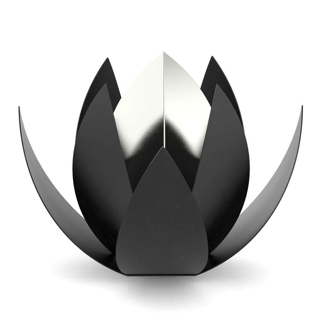 Lotus Ashes Keepsake Urn in Matte Black Stainless Steel and Silver Centre Front View