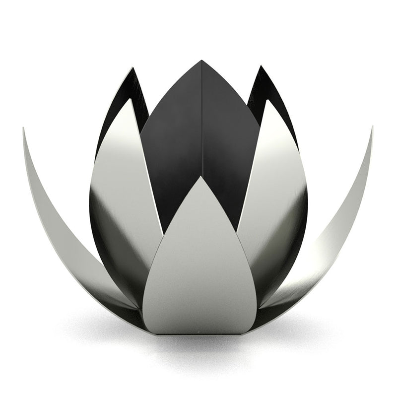 Lotus Cremation Urn for Ashes Adult in Matte Black Stainless Steel and Silver Exterior Front View