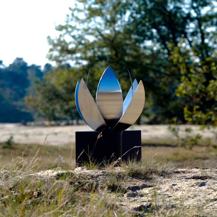 Lotus Cremation Urn for Ashes Adult in Stainless Steel Under Trees