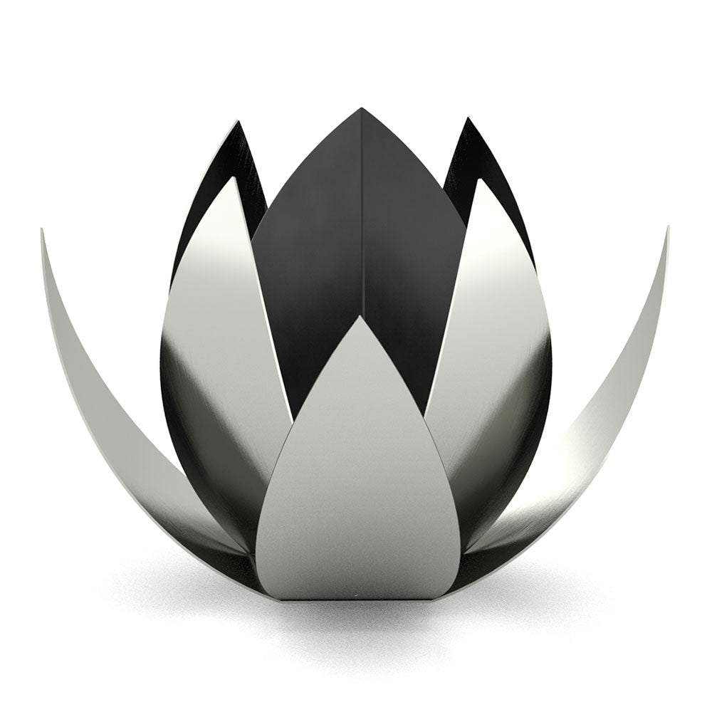 Lotus Cremation Urn for Ashes Child in Matte Black Stainless Steel and Silver Exterior Front View