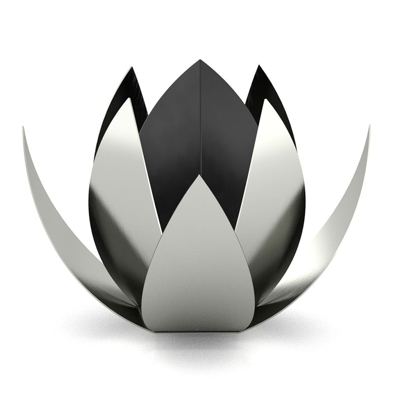 Lotus Cremation Urn for Ashes Pet in Matte Black Stainless Steel with Silver Exterior Front View