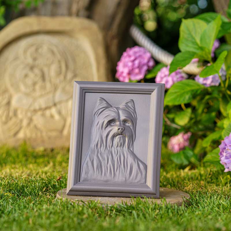 Male Yorkie Dog Urn For Pet Ashes Garden Front View Flowers Zoomed Out