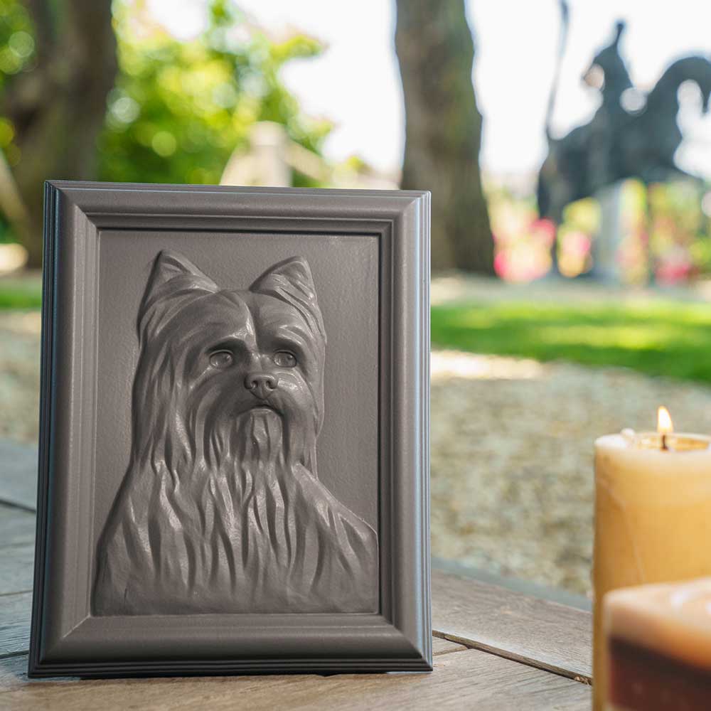 Male Yorkie Dog Urn For Pet Ashes With Candle Front View