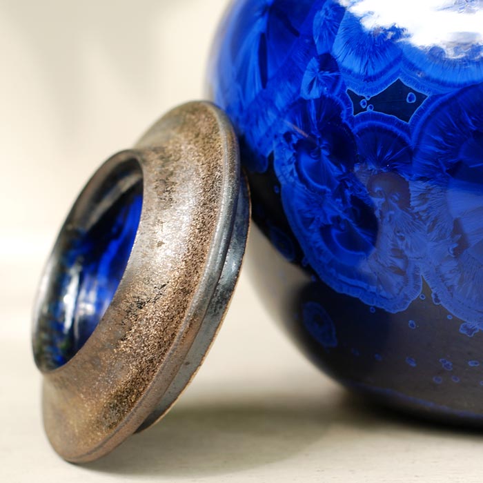 Navy Scapolite Cremation Urn for Ashes - Medium Close up Lid Off