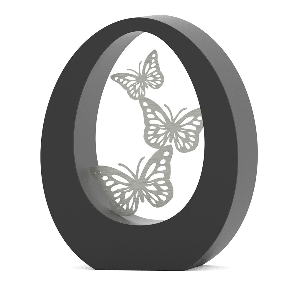 Oval Ashes Keepsake Urn in Matte Black Stainless Steel with Butterflies