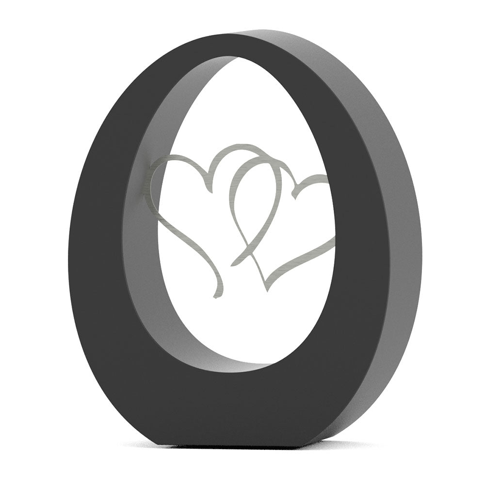 Oval Ashes Keepsake Urn in Mate Black Stainless Steel with Hearts
