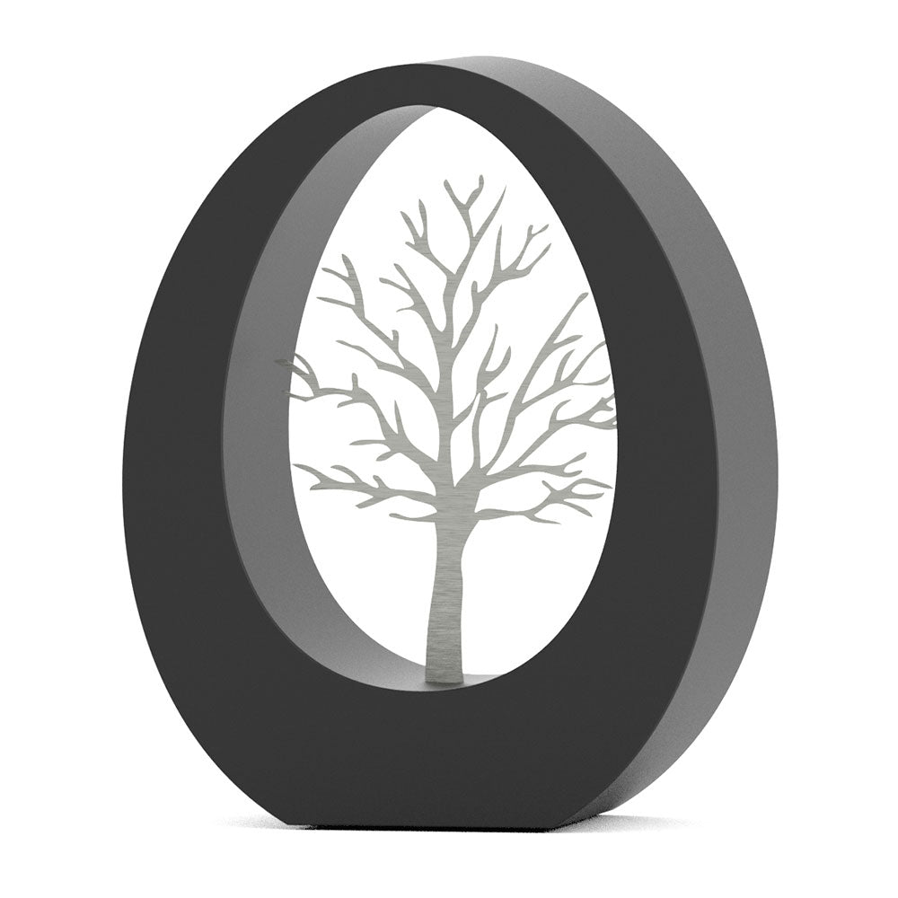 Oval Ashes Keepsake Urn in Matte Black Stainless Steel with Tree