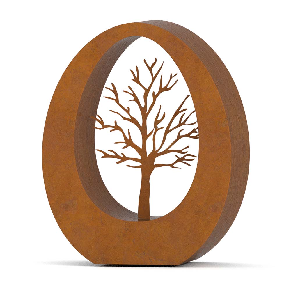Oval Cremation Urn for Ashes Companion in Corten Steel with Tree