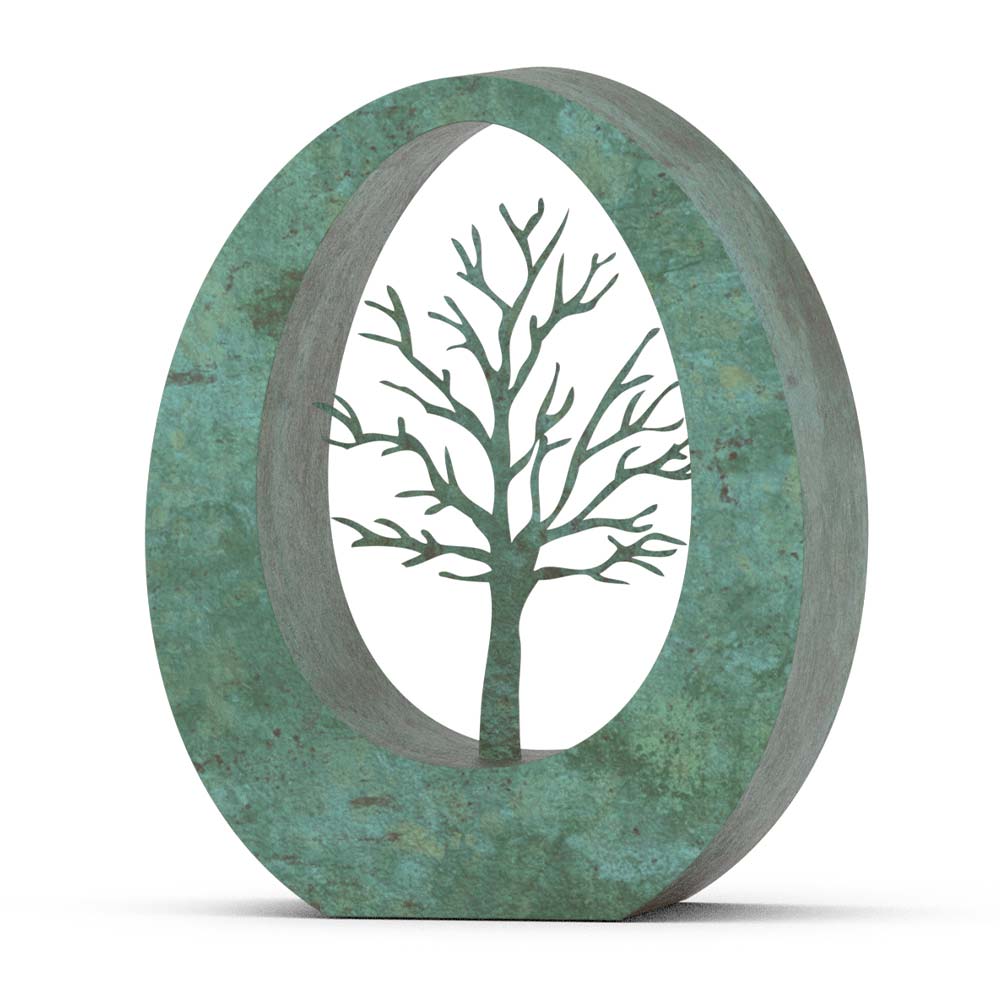 Oval Cremation Urn for Ashes Companion in Green Bronze with Tree
