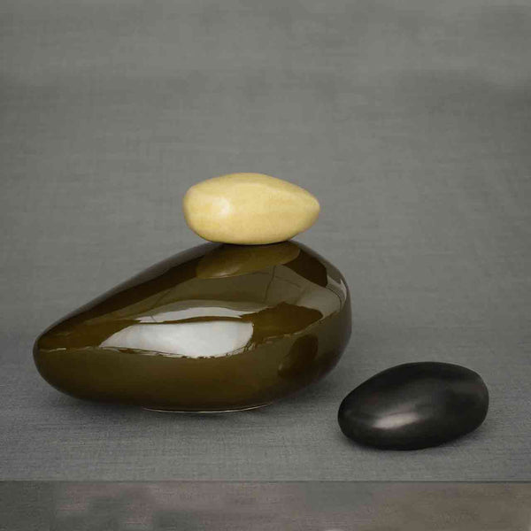 Pebbles Cremation Urn and Ashes Keepsake Urn in Brown and Matte Black Dark Background