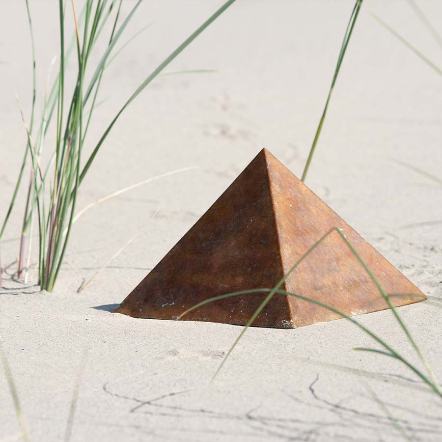 Pyramid Cremation Urn for Ashes Adult in Brown Bronze in Sand